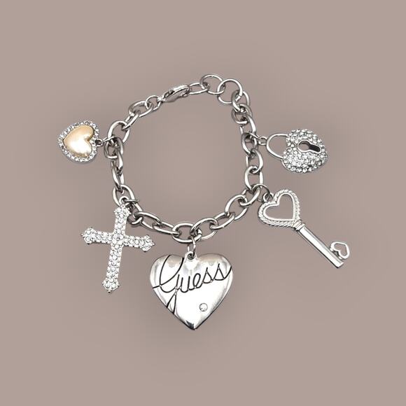 Guess Heart Key Cross Silver Charm Bracelet with Rhinestones - Picture 1 of 10